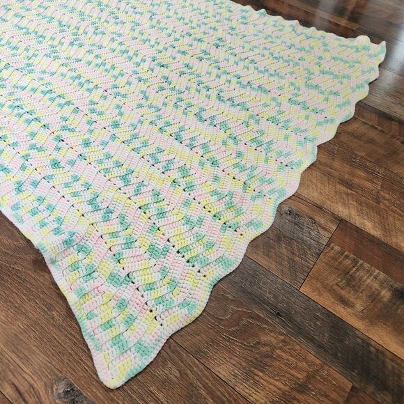 Vtg Pastel Crochet Baby Blanket Handmade 42"x60" Granny Easter Spring Rainbow - Picture 2 of 6